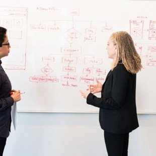 Twee vrouwen aan een white board